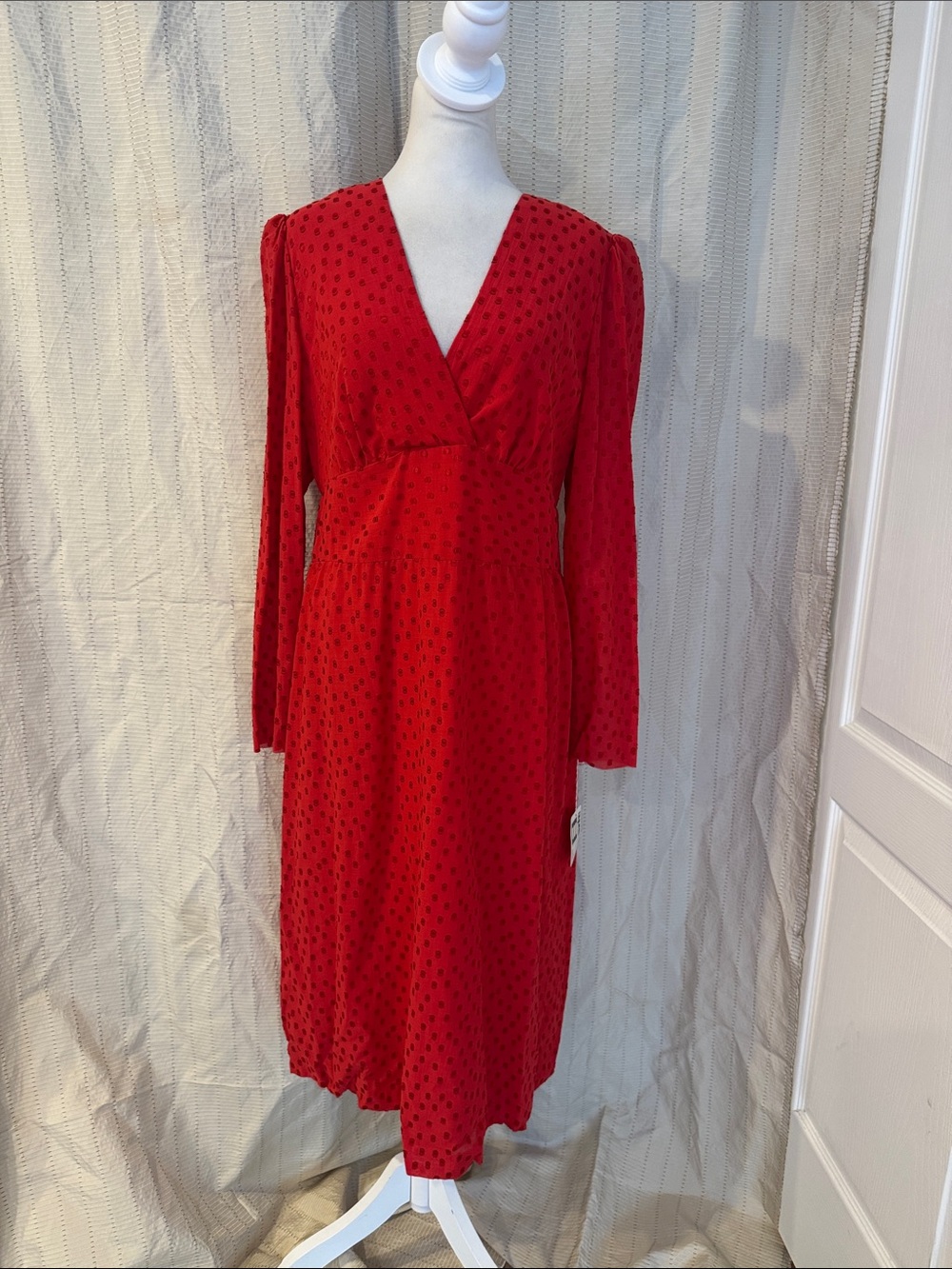 Vintage Mariko New York red long sleeve midi textured polka dot dress